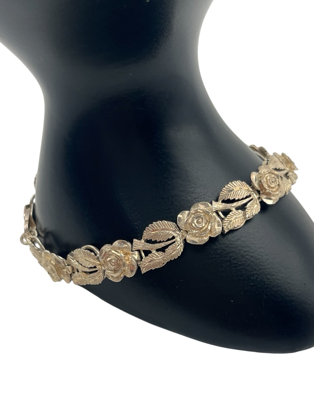 Silver America SA Sterling Silver Diamond Cut Rose & Leaf Link vintage Bracelet